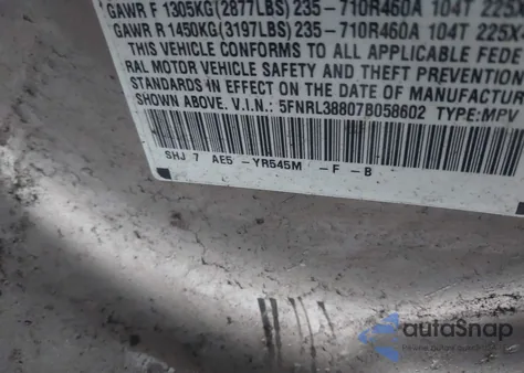 2007 Honda Odyssey Touring from USA, damaged, VIN 5FNRL38807B058602